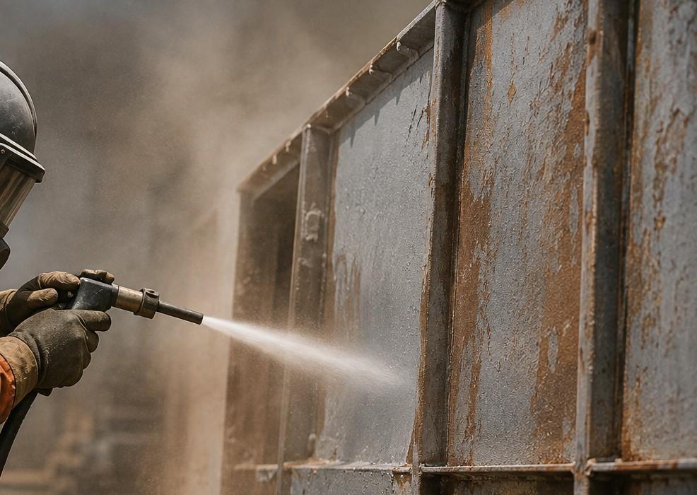 Sandblasting surface preparation on steel structure