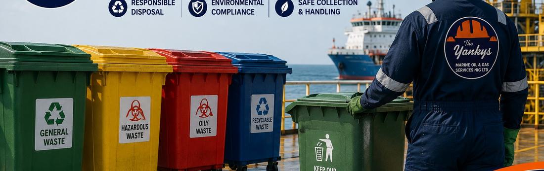 Segregated waste bins on an offshore platform