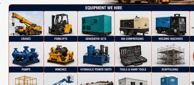 Equipment available for hire including cranes and generators